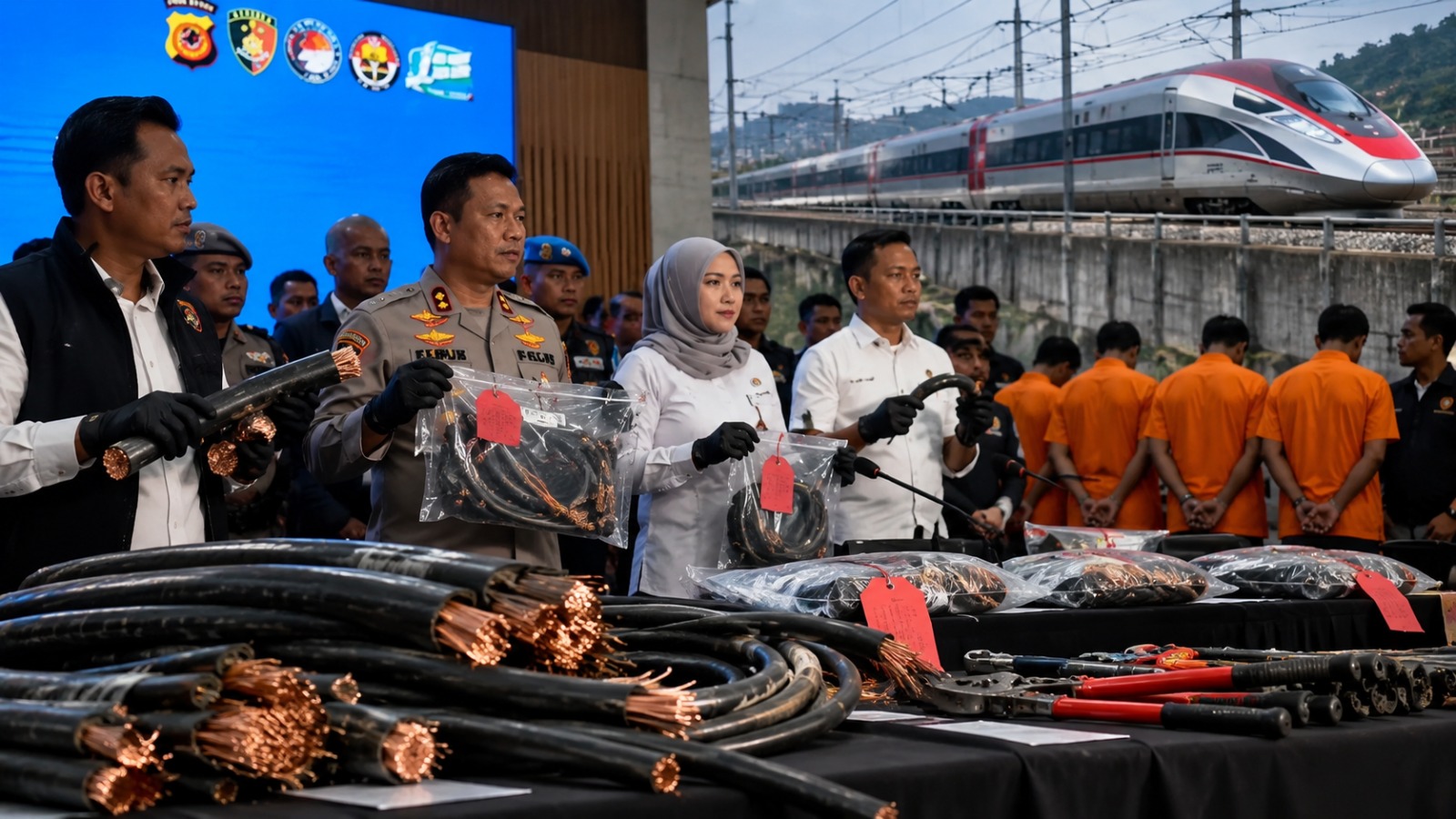 Doc. Konferensi pers kepolisian terkait pengungkapan dugaan pencurian kabel sinyal dan grounding pada jalur Kereta Cepat Whoosh. Foto konferensi pers merupakan dokumentasi langsung, sedangkan gambar kereta cepat dan elemen visual lainnya merupakan ilustrasi untuk mendukung pemberitaan.
