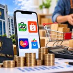 Doc. Ilustrasi aktivitas perdagangan melalui platform marketplace yang dikaitkan dengan pemungutan PPh Pasal 22, menampilkan layanan perpajakan, transaksi digital, aktivitas penjual daring, serta perhitungan pajak.