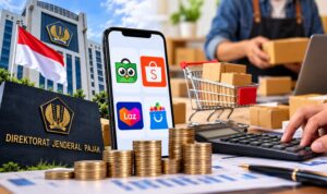Doc. Ilustrasi aktivitas perdagangan melalui platform marketplace yang dikaitkan dengan pemungutan PPh Pasal 22, menampilkan layanan perpajakan, transaksi digital, aktivitas penjual daring, serta perhitungan pajak.