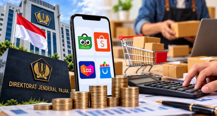 Doc. Ilustrasi aktivitas perdagangan melalui platform marketplace yang dikaitkan dengan pemungutan PPh Pasal 22, menampilkan layanan perpajakan, transaksi digital, aktivitas penjual daring, serta perhitungan pajak.