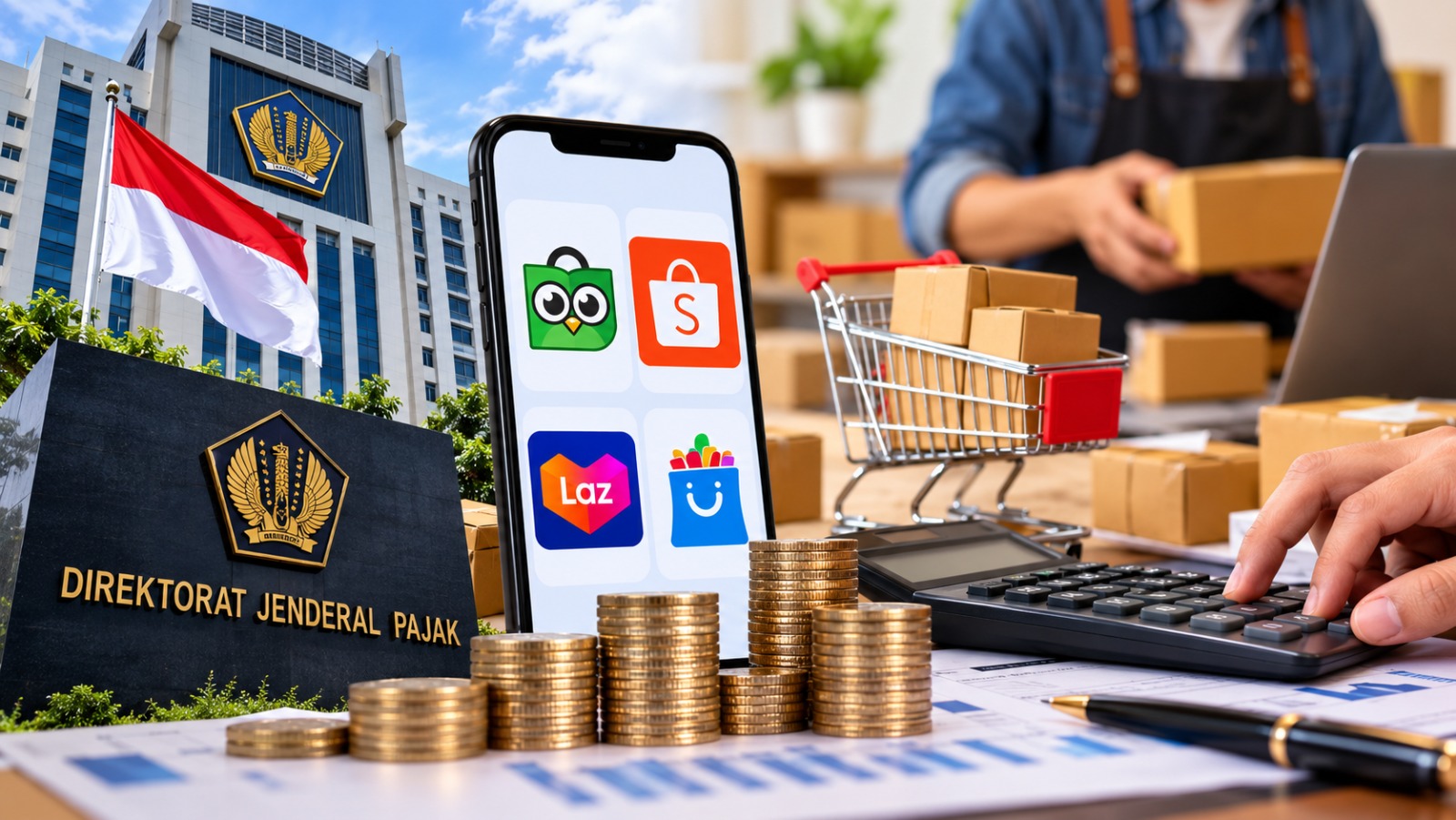 Doc. Ilustrasi aktivitas perdagangan melalui platform marketplace yang dikaitkan dengan pemungutan PPh Pasal 22, menampilkan layanan perpajakan, transaksi digital, aktivitas penjual daring, serta perhitungan pajak.