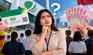 Doc. Ilustrasi pekerja yang mempertanyakan kepastian menerima Bantuan Subsidi Upah (BSU) 2026 terkait kepesertaan BPJS Ketenagakerjaan. Ilustrasi menampilkan gambaran pekerja, kartu kepesertaan, dan bantuan uang sebagai representasi isu persyaratan BSU 2026.