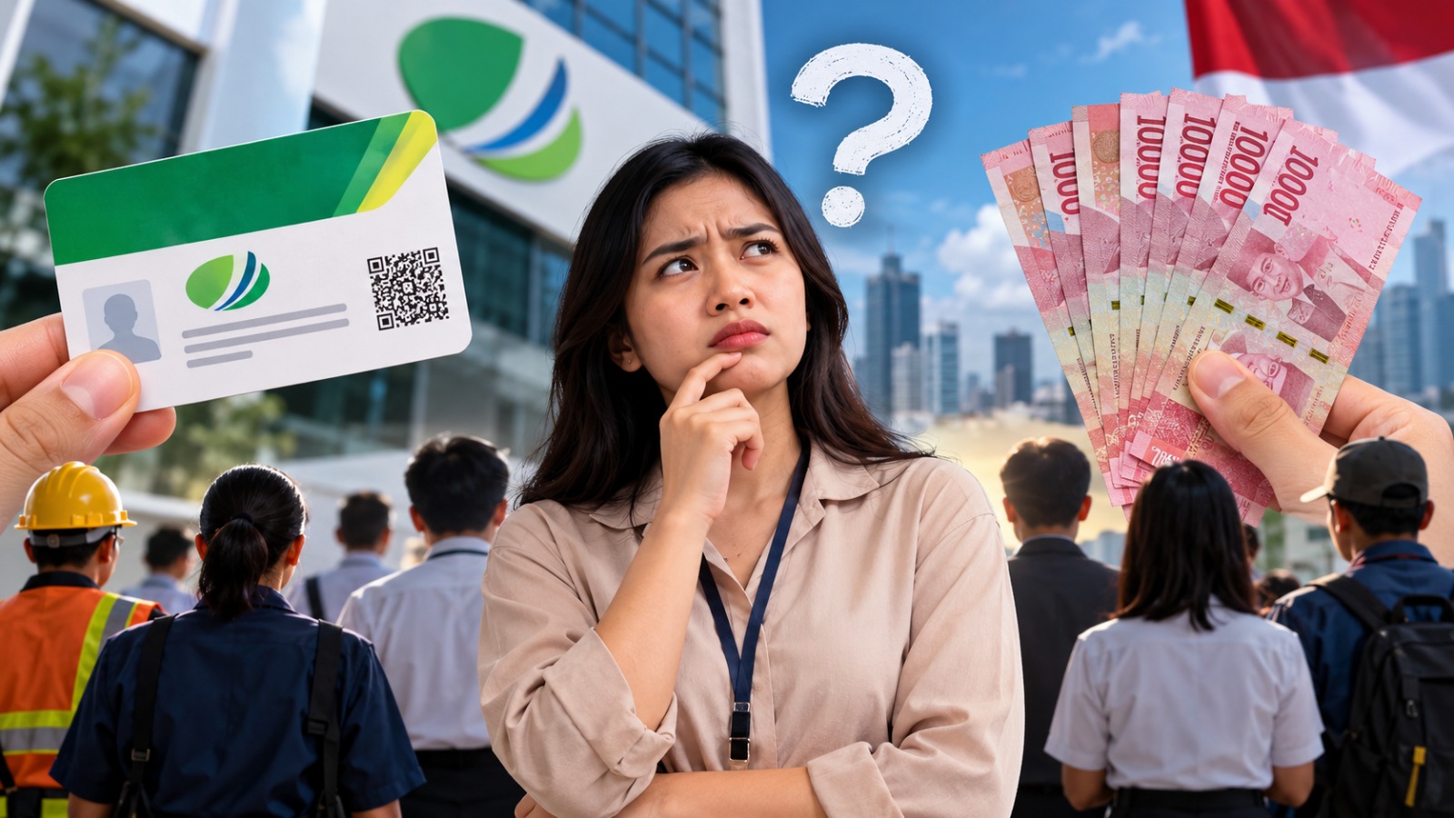 Doc. Ilustrasi pekerja yang mempertanyakan kepastian menerima Bantuan Subsidi Upah (BSU) 2026 terkait kepesertaan BPJS Ketenagakerjaan. Ilustrasi menampilkan gambaran pekerja, kartu kepesertaan, dan bantuan uang sebagai representasi isu persyaratan BSU 2026.