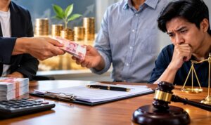 Doc. Ilustrasi transaksi investasi pribadi yang dilakukan tanpa perjanjian tertulis, dengan gambaran penyerahan uang, dokumen perjanjian, dan simbol hukum sebagai representasi risiko perselisihan serta pentingnya kepastian hubungan hukum.