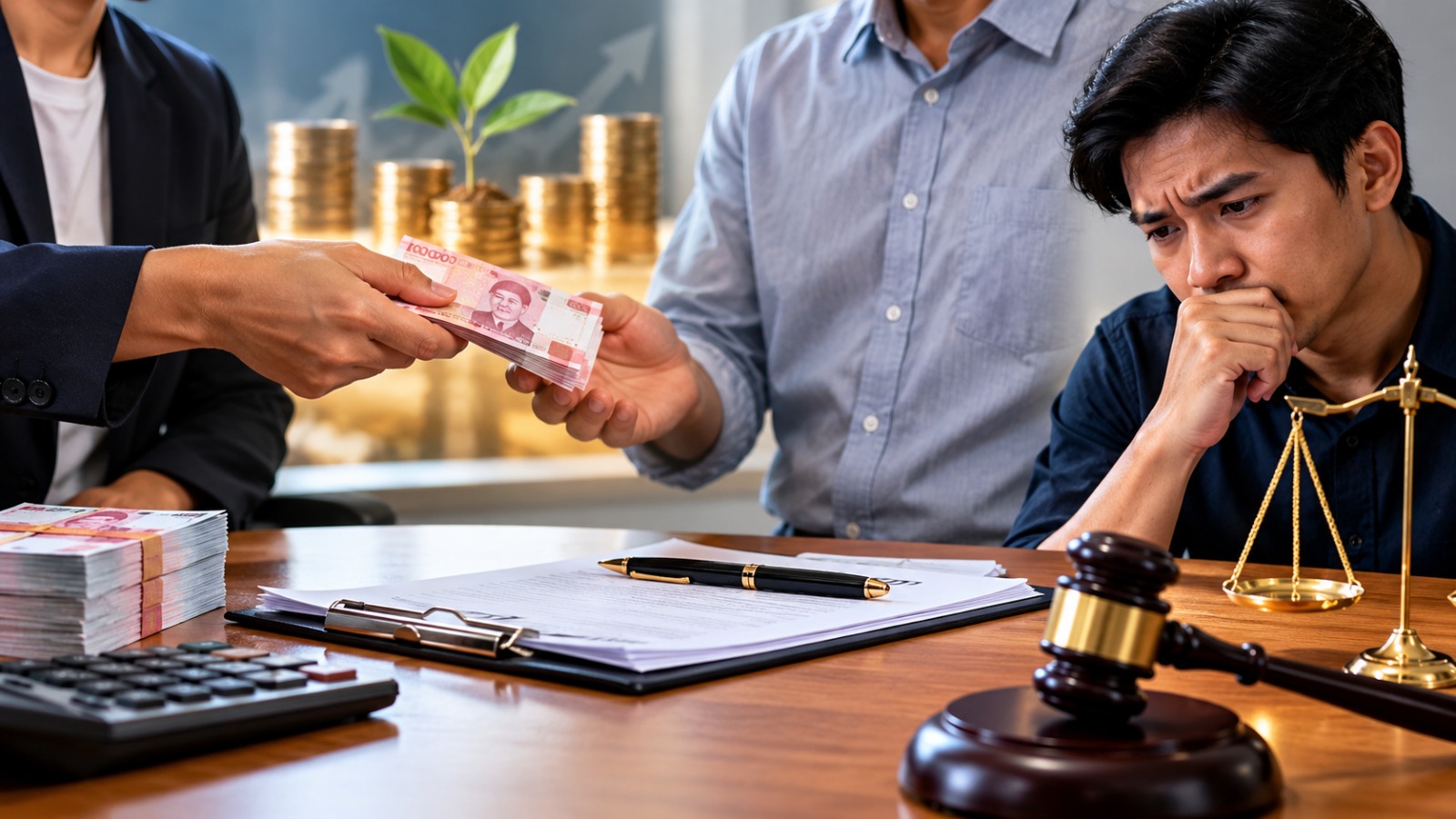 Doc. Ilustrasi transaksi investasi pribadi yang dilakukan tanpa perjanjian tertulis, dengan gambaran penyerahan uang, dokumen perjanjian, dan simbol hukum sebagai representasi risiko perselisihan serta pentingnya kepastian hubungan hukum.