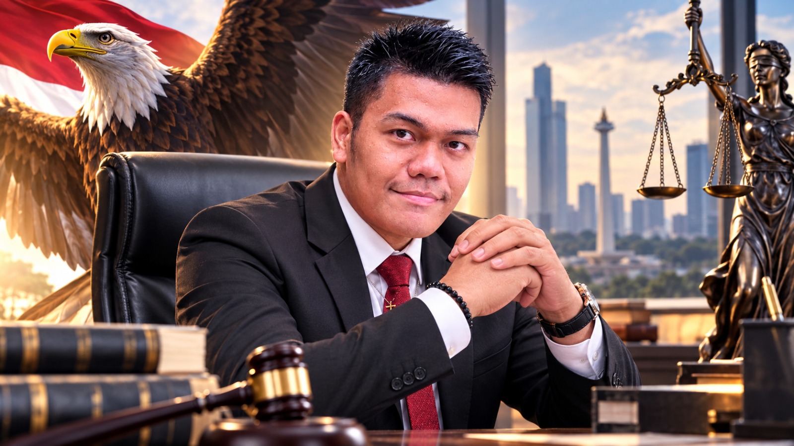 Doc. Foto ilustrasi profil Yoshua Rivaldo, S.H., S.K.M., M.H., C.PFW., C.MDF., C.JKJ., C.FTAX., Sekretaris Jenderal V DPP FERADI WPI sekaligus Sekretaris LBH FERADI, dalam tampilan formal sebagai figur yang aktif dalam organisasi dan pendampingan hukum. Visual menampilkan elemen simbolik seperti burung elang, palu hakim, buku hukum, dan Patung Dewi Keadilan yang merepresentasikan keberanian, profesionalitas, serta komitmen terhadap penegakan hukum.