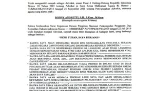 Donny Andretti Ingatkan Masyarakat Verifikasi BAS Advokat untuk Hindari Praktik Advokat Palsu Doc. Tangkapan layar Berita Acara Sumpah (BAS) Advokat Donny Andretti, Ketua Umum FERADI WPI sekaligus Pimpinan Firma Hukum Subur Jaya dan Rekan. Dokumen ini menjadi salah satu bukti administratif penting dalam proses pengambilan sumpah advokat di Pengadilan Tinggi. Keabsahan dokumen dapat dikonfirmasi kepada Pengadilan Tinggi yang menerbitkannya.