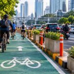 Doc. lustrasi jalur sepeda di kawasan perkotaan Jakarta yang memperlihatkan pesepeda melintas di jalur khusus di tengah kepadatan lalu lintas kendaraan bermotor. Ilustrasi ini menggambarkan pentingnya evaluasi, pemeliharaan, dan pengawasan jalur sepeda untuk mendukung keselamatan serta memastikan fasilitas transportasi tersebut berfungsi sesuai peruntukannya. Foto ilustrasi: KawanJariNews.com