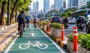 Doc. lustrasi jalur sepeda di kawasan perkotaan Jakarta yang memperlihatkan pesepeda melintas di jalur khusus di tengah kepadatan lalu lintas kendaraan bermotor. Ilustrasi ini menggambarkan pentingnya evaluasi, pemeliharaan, dan pengawasan jalur sepeda untuk mendukung keselamatan serta memastikan fasilitas transportasi tersebut berfungsi sesuai peruntukannya. Foto ilustrasi: KawanJariNews.com