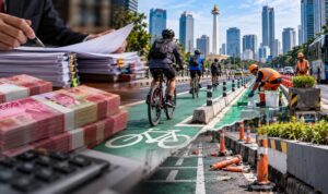 Doc. Ilustrasi jalur sepeda di Jakarta yang menggambarkan pembangunan dan pemeliharaan infrastruktur, penggunaan jalur oleh pesepeda, serta pengawasan anggaran publik. Evaluasi fasilitas jalur sepeda menjadi bagian dari upaya menjaga keselamatan dan kualitas infrastruktur transportasi perkotaan. Foto merupakan ilustrasi, bukan dokumentasi langsung kegiatan pembangunan atau pemeliharaan jalur sepeda di Jakarta.