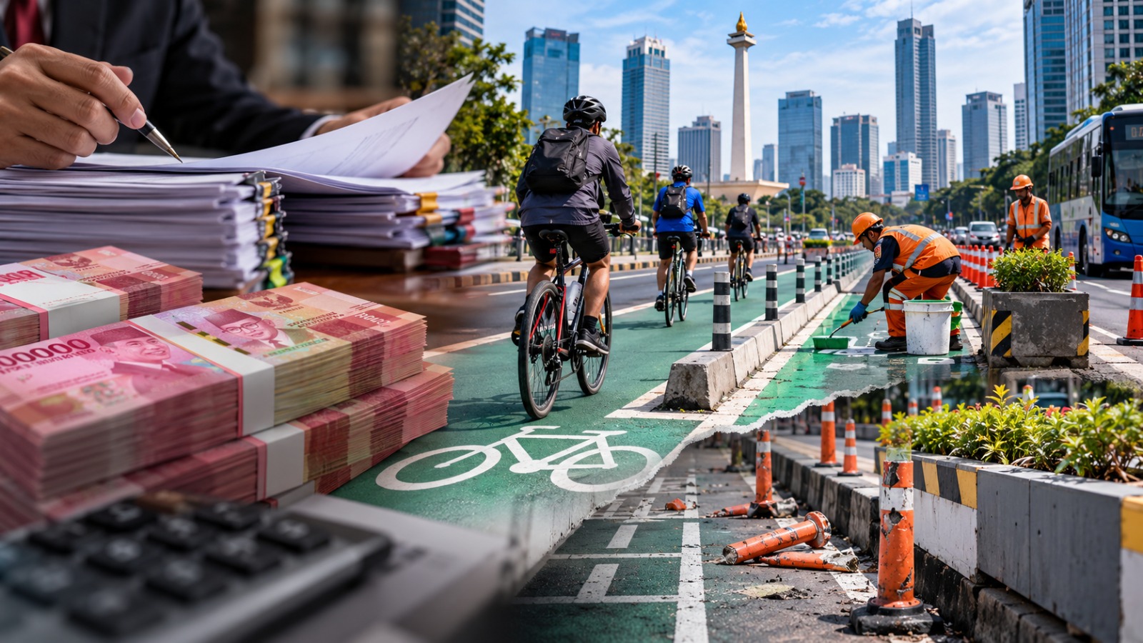Doc. Ilustrasi jalur sepeda di Jakarta yang menggambarkan pembangunan dan pemeliharaan infrastruktur, penggunaan jalur oleh pesepeda, serta pengawasan anggaran publik. Evaluasi fasilitas jalur sepeda menjadi bagian dari upaya menjaga keselamatan dan kualitas infrastruktur transportasi perkotaan. Foto merupakan ilustrasi, bukan dokumentasi langsung kegiatan pembangunan atau pemeliharaan jalur sepeda di Jakarta.