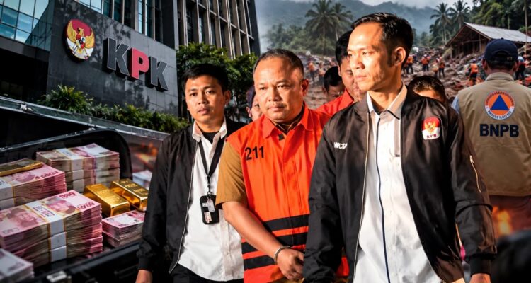 Doc. Ilustrasi penanganan perkara dugaan korupsi Dana Siap Pakai (DSP) kebencanaan di lingkungan BNPB yang ditangani KPK. Visual menggambarkan proses pengawalan tersangka, barang bukti, serta konteks penanganan bencana. Foto merupakan ilustrasi hasil olahan visual, bukan dokumentasi utuh dari satu peristiwa nyata.
