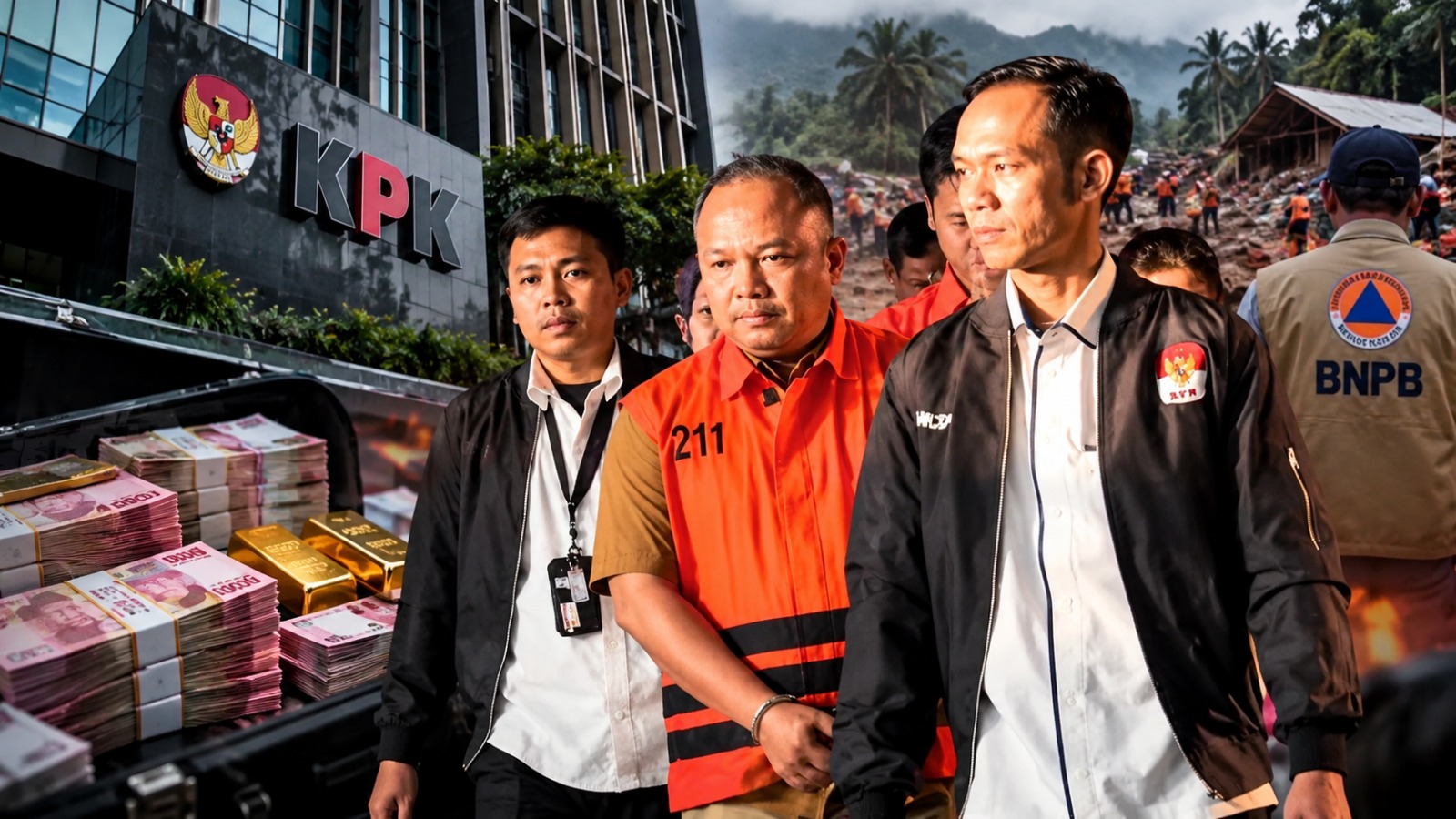 Doc. Ilustrasi penanganan perkara dugaan korupsi Dana Siap Pakai (DSP) kebencanaan di lingkungan BNPB yang ditangani KPK. Visual menggambarkan proses pengawalan tersangka, barang bukti, serta konteks penanganan bencana. Foto merupakan ilustrasi hasil olahan visual, bukan dokumentasi utuh dari satu peristiwa nyata.