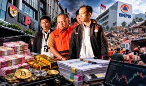 KPK Usut Dugaan Korupsi Dana Bencana BNPB, Telusuri Konflik Kepentingan hingga Aset Kripto Doc. Ilustrasi penanganan perkara dugaan korupsi Dana Siap Pakai (DSP) kebencanaan di lingkungan Badan Nasional Penanggulangan Bencana (BNPB) yang ditangani Komisi Pemberantasan Korupsi (KPK). Visual menggambarkan pengawalan tersangka, barang bukti berupa uang tunai dan emas, aset kripto, serta konteks penanganan bencana dan penyaluran bantuan kepada masyarakat. Foto merupakan ilustrasi hasil olahan visual, bukan dokumentasi langsung seluruh rangkaian peristiwa atau barang bukti dalam perkara tersebut.