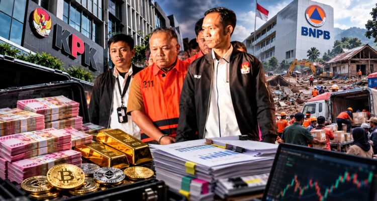 Doc. Ilustrasi penanganan perkara dugaan korupsi Dana Siap Pakai (DSP) kebencanaan di lingkungan Badan Nasional Penanggulangan Bencana (BNPB) yang ditangani Komisi Pemberantasan Korupsi (KPK). Visual menggambarkan pengawalan tersangka, barang bukti berupa uang tunai dan emas, aset kripto, serta konteks penanganan bencana dan penyaluran bantuan kepada masyarakat. Foto merupakan ilustrasi hasil olahan visual, bukan dokumentasi langsung seluruh rangkaian peristiwa atau barang bukti dalam perkara tersebut.