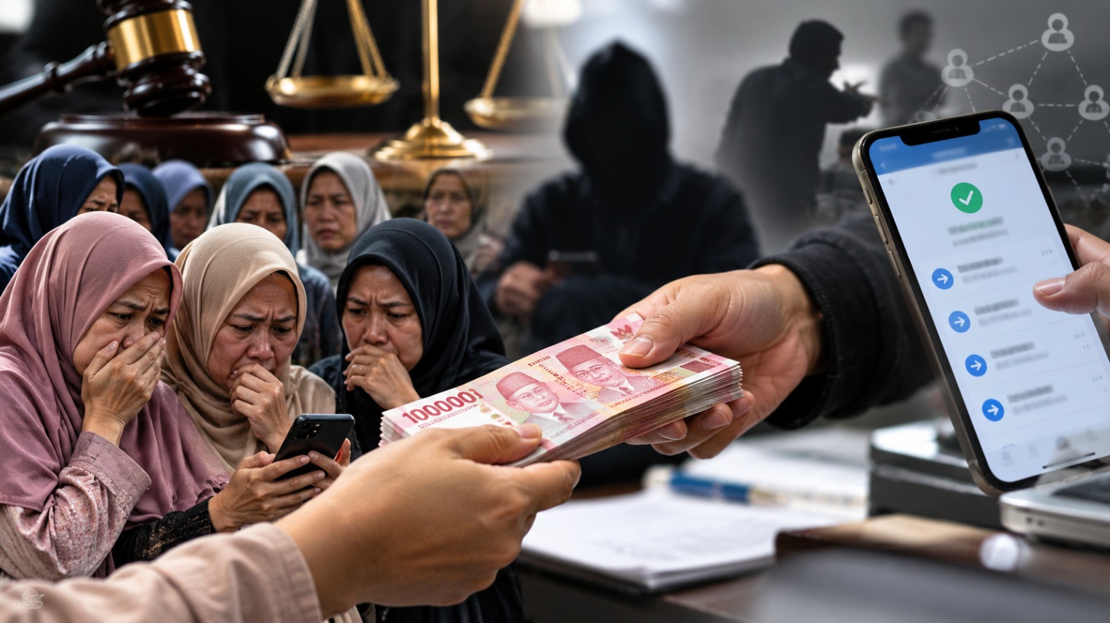 Doc. Ilustrasi dugaan persoalan investasi yang melibatkan aliran dana antarindividu, penerimaan transfer melalui rekening pribadi, serta dampak kerugian terhadap para investor perempuan. Visual ini menggambarkan pentingnya penelusuran aliran dana dan pembuktian peran setiap pihak dalam proses hukum. Foto merupakan ilustrasi, bukan dokumentasi korban atau perkara tertentu.