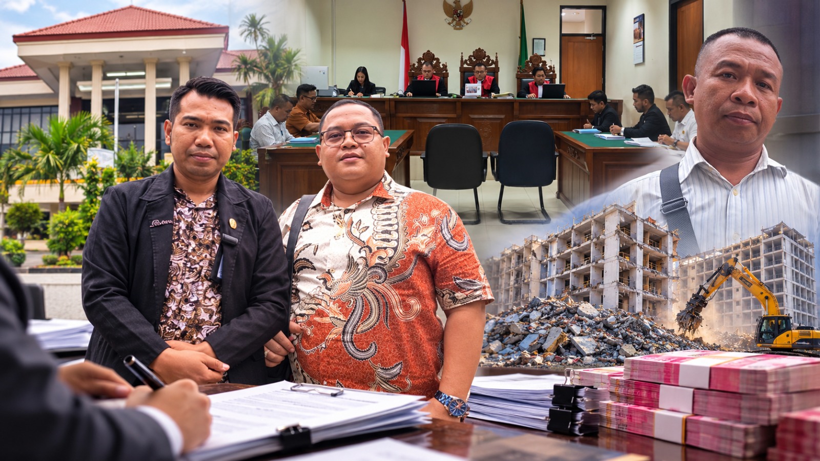 Doc. Ilustrasi perkara perdata Nomor 58/Pdt.G/2026/PN.Ckr terkait sengketa proyek pembongkaran besi eks-Apartemen Majestic Point Serpong. Dari kiri ke kanan, Ganda Subrata, S.H., M.H., kuasa hukum Sumaryo; Revan Pratama Wijaya, S.H., anggota tim hukum Sumaryo; dan Saefudin, S.H., kuasa hukum Titis Sukowanto. Ilustrasi menggambarkan proses persidangan, penelaahan dokumen, serta persoalan perjanjian dan aliran dana yang menjadi bagian dari perkara tersebut.