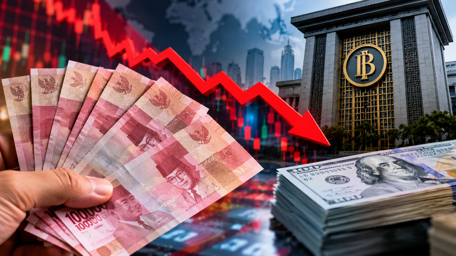 Doc. Ilustrasi pelemahan nilai tukar rupiah terhadap dolar Amerika Serikat (AS) yang menembus level Rp18.000 per dolar AS pada perdagangan 16 Oktober 2026. Visualisasi ini menggambarkan tekanan terhadap rupiah di tengah dinamika pasar keuangan global serta upaya Bank Indonesia menjaga stabilitas nilai tukar melalui intervensi pasar. Foto merupakan ilustrasi, bukan dokumentasi langsung aktivitas perdagangan valuta asing.