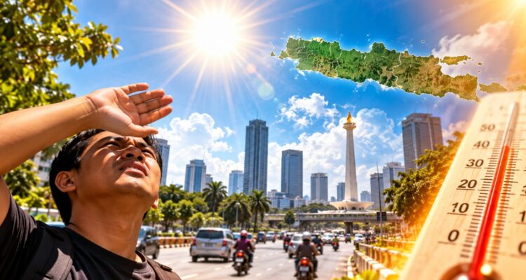 Doc. Ilustrasi cuaca panas di Pulau Jawa saat fenomena kulminasi Matahari pada Oktober 2026. Terik Matahari, warga yang melindungi diri dari sengatan panas, serta termometer menggambarkan kondisi cuaca yang terasa menyengat. BMKG menjelaskan bahwa kulminasi Matahari tidak serta-merta menyebabkan peningkatan suhu udara secara drastis karena kondisi cuaca juga dipengaruhi faktor atmosfer dan tutupan awan. Foto merupakan ilustrasi, bukan dokumentasi kondisi cuaca aktual.