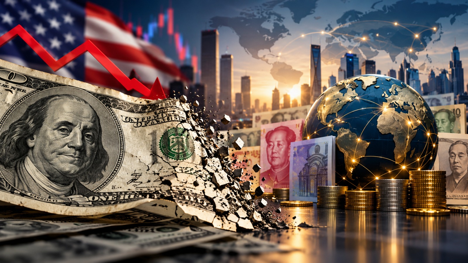 Doc. Ilustrasi potensi melemahnya dominasi dolar Amerika Serikat dalam sistem keuangan global di tengah meningkatnya peran mata uang lain dan perubahan keseimbangan ekonomi dunia. (KawanJariNews.com)