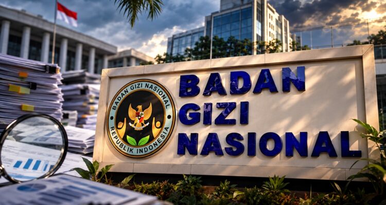Doc. Ilustrasi gedung Badan Gizi Nasional (BGN) dengan dokumen dan grafik pemeriksaan sebagai gambaran tindak lanjut temuan Badan Pemeriksa Keuangan (BPK) RI terkait pengelolaan anggaran dan pengembalian dana ke kas negara.
