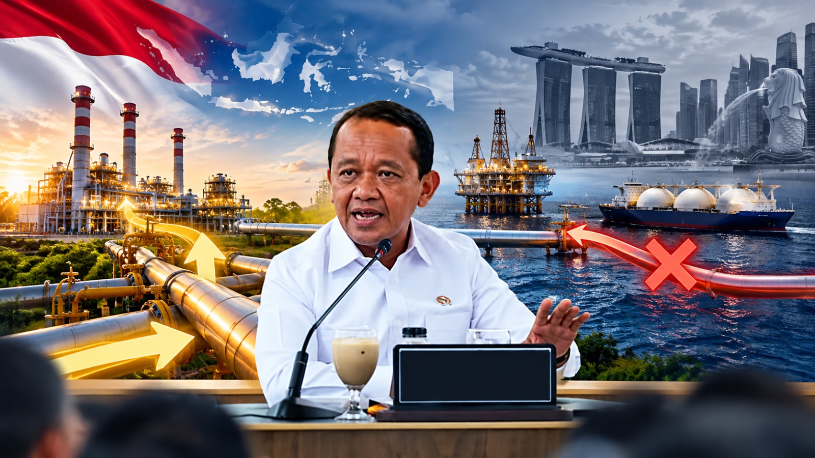 Doc. Menteri Energi dan Sumber Daya Mineral (ESDM) Bahlil Lahadalia menyampaikan kebijakan prioritas pemenuhan kebutuhan gas dalam negeri di tengah pengurangan ekspor gas ke Singapura. Ilustrasi menggambarkan pengalihan pasokan gas untuk mendukung kebutuhan energi nasional serta upaya memperkuat ketahanan energi Indonesia.