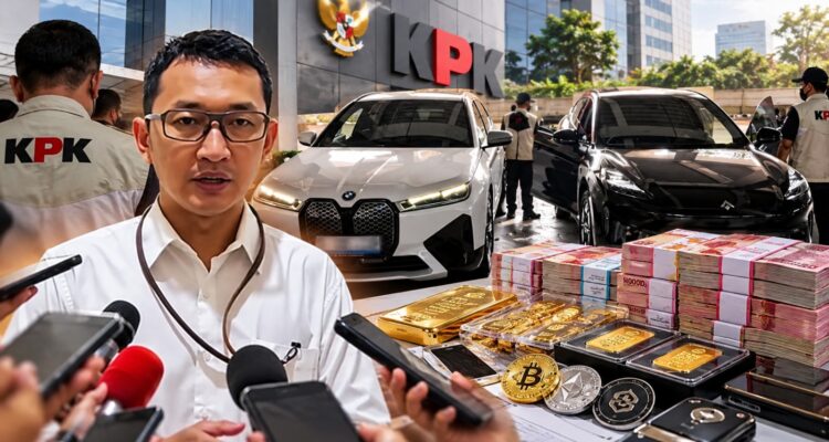 Doc. Juru Bicara KPK Budi Prasetyo memberikan keterangan terkait penyidikan dugaan korupsi pengelolaan Dana Siap Pakai (DSP) BNPB. Ilustrasi menampilkan kendaraan yang dikaitkan dengan proses penyitaan serta barang bukti berupa uang tunai, emas, dan aset kripto yang disebut dalam penanganan perkara.