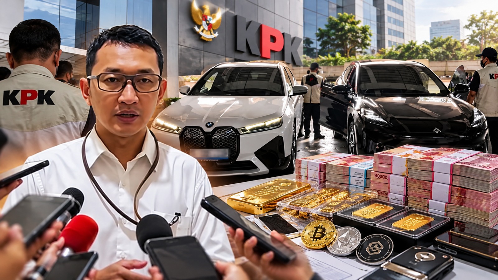 Doc. Juru Bicara KPK Budi Prasetyo memberikan keterangan terkait penyidikan dugaan korupsi pengelolaan Dana Siap Pakai (DSP) BNPB. Ilustrasi menampilkan kendaraan yang dikaitkan dengan proses penyitaan serta barang bukti berupa uang tunai, emas, dan aset kripto yang disebut dalam penanganan perkara.