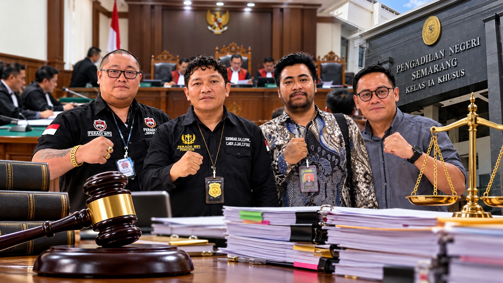 Doc. Tim hukum DPP FERADI WPI bersama Subur Jaya Law Firm berfoto di ruang sidang Pengadilan Negeri Semarang dalam pendampingan perkara perdata Nomor 292/Pdt.G/2026/PN Smg, Selasa (27/10/2026). Persidangan tersebut beragendakan pembuktian lanjutan dari pihak tergugat, dengan jadwal sidang berikutnya pada Selasa (3/11/2026). Foto ilustrasi KawanJariNews.com.