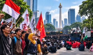 Doc. Aksi unjuk rasa di kawasan pusat Jakarta, menampilkan massa demonstran yang menyampaikan aspirasi melalui orasi dan spanduk, sementara aparat kepolisian melakukan pengamanan di sekitar lokasi.