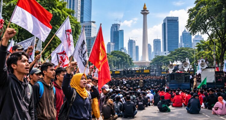 Doc. Aksi unjuk rasa di kawasan pusat Jakarta, menampilkan massa demonstran yang menyampaikan aspirasi melalui orasi dan spanduk, sementara aparat kepolisian melakukan pengamanan di sekitar lokasi.