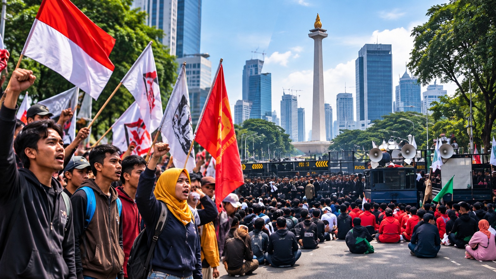 Doc. Aksi unjuk rasa di kawasan pusat Jakarta, menampilkan massa demonstran yang menyampaikan aspirasi melalui orasi dan spanduk, sementara aparat kepolisian melakukan pengamanan di sekitar lokasi.