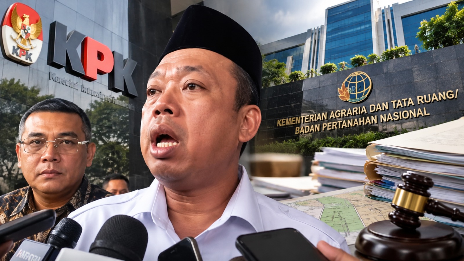 Doc. Menteri ATR/Kepala BPN Nusron Wahid dalam ilustrasi pemberitaan terkait rencana pemeriksaan sebagai saksi oleh Komisi Pemberantasan Korupsi (KPK) dalam penyidikan dugaan korupsi terkait pengurusan hak atas tanah. Ilustrasi menampilkan gedung KPK, Kementerian ATR/BPN, dan berkas perkara sebagai gambaran konteks penyidikan. (Foto: Ilustrasi/KawanJariNews.com)