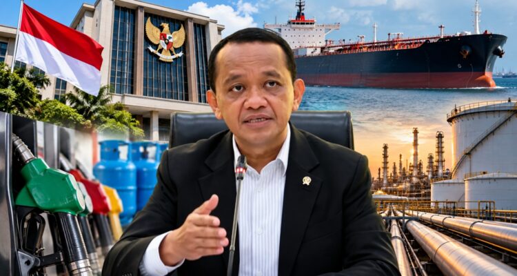 Doc. Menteri ESDM Bahlil Lahadalia dalam ilustrasi pemberitaan mengenai kebijakan perubahan mekanisme impor minyak mentah, bahan bakar minyak (BBM), dan LPG melalui Perpres Nomor 107 Tahun 2026. Ilustrasi turut menampilkan kapal tanker, fasilitas penyimpanan, dan infrastruktur pengolahan minyak sebagai gambaran rantai pasok energi nasional. (Foto: Ilustrasi/KawanJariNews.com)