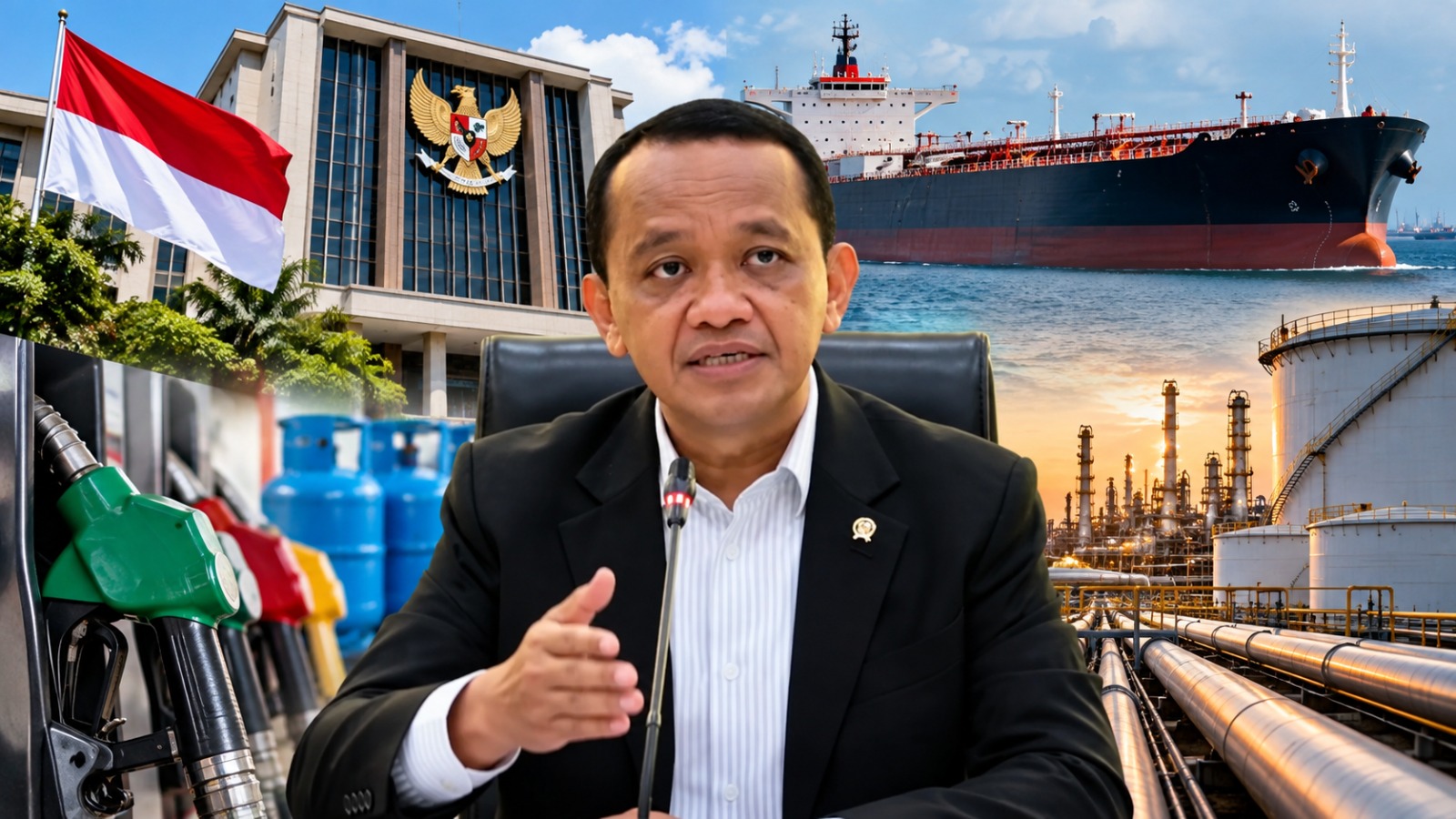 Doc. Menteri ESDM Bahlil Lahadalia dalam ilustrasi pemberitaan mengenai kebijakan perubahan mekanisme impor minyak mentah, bahan bakar minyak (BBM), dan LPG melalui Perpres Nomor 107 Tahun 2026. Ilustrasi turut menampilkan kapal tanker, fasilitas penyimpanan, dan infrastruktur pengolahan minyak sebagai gambaran rantai pasok energi nasional. (Foto: Ilustrasi/KawanJariNews.com)