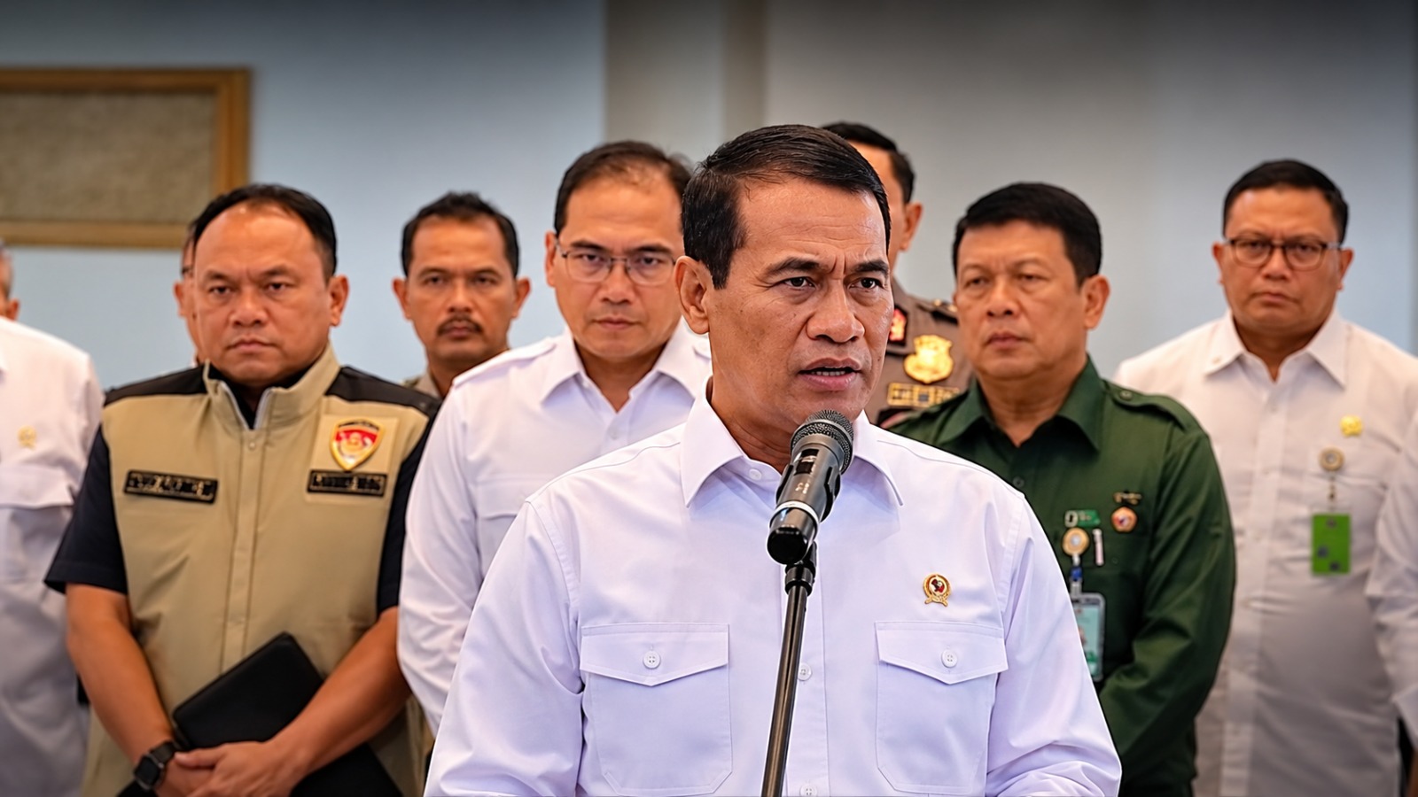 Doc. Menteri Pertanian sekaligus Kepala Bapanas, Andi Amran Sulaiman, menyampaikan keterangan kepada awak media terkait penindakan terhadap delapan pejabat Bulog dan Bapanas menyusul dugaan penyelewengan beras SPHP.