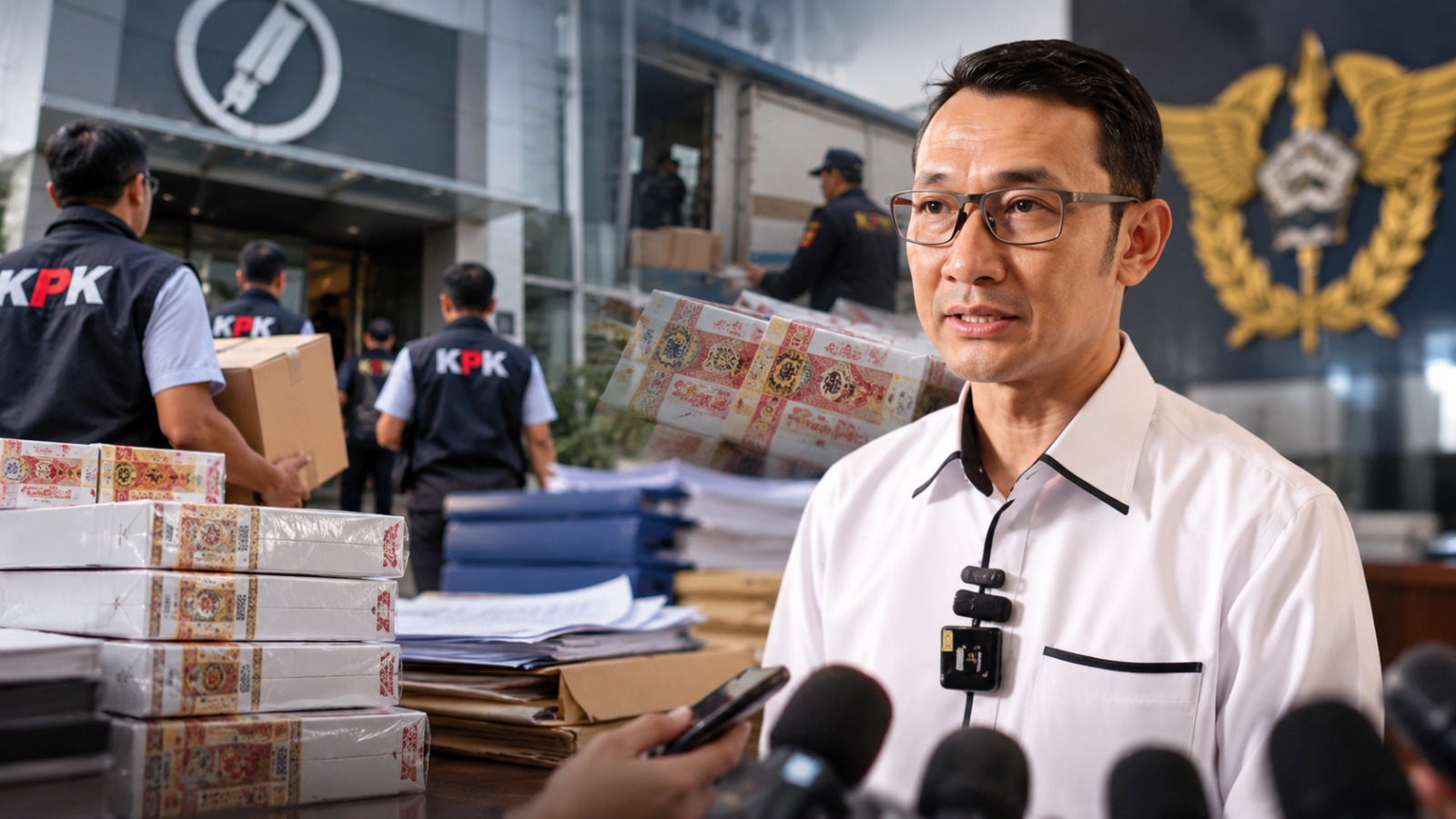 Doc. Juru Bicara KPK, Budi Prasetyo, memberikan keterangan kepada awak media terkait penggeledahan kantor PT Djarum dan Bea Cukai Kudus dalam penyidikan dugaan penyimpangan pengurusan pita cukai. Latar belakang merupakan ilustrasi penggeledahan, bukan dokumentasi langsung di lokasi.