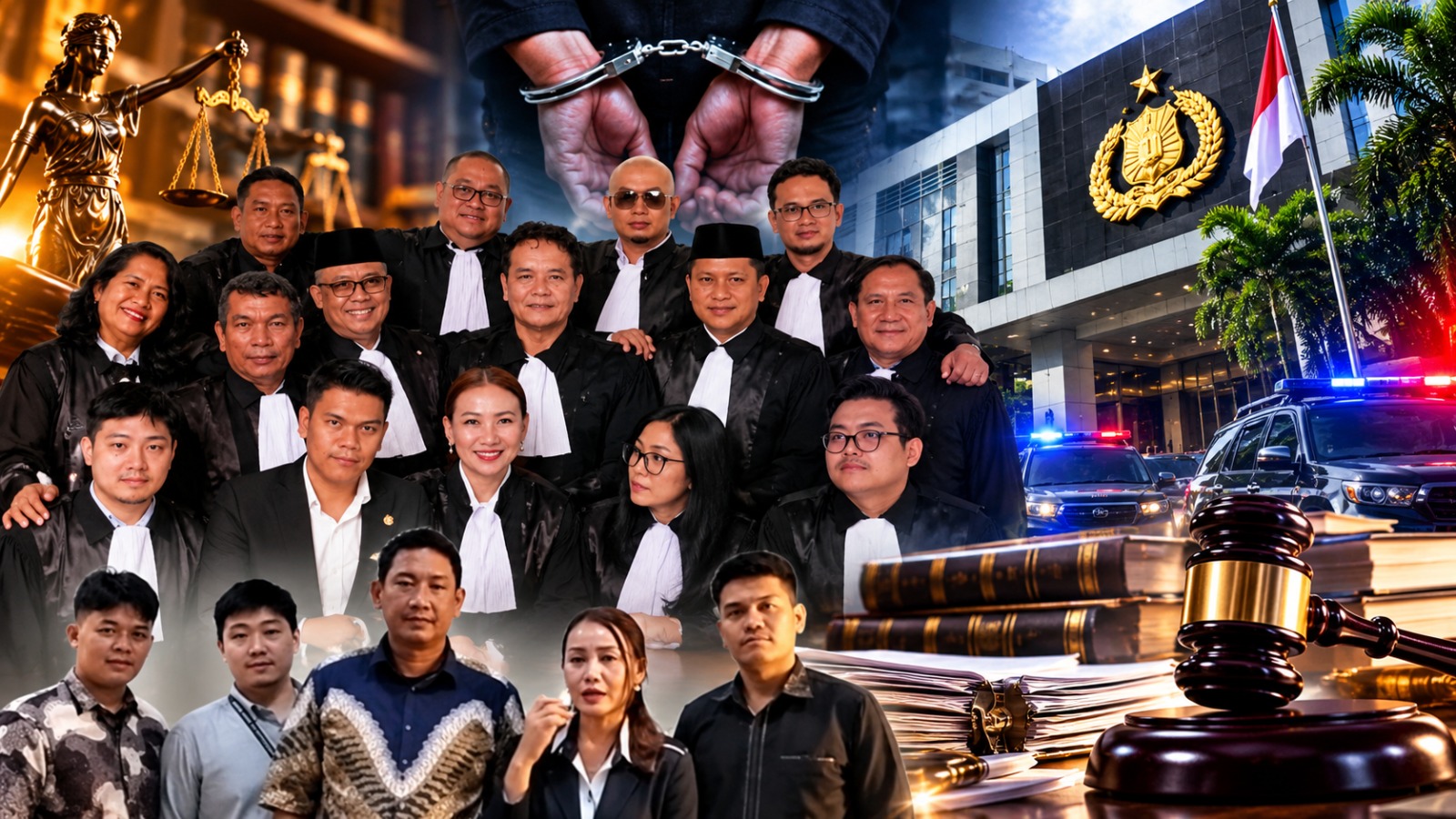 Doc. Kolase ilustrasi memperlihatkan jajaran advokat FERADI WPI yang menyatakan kesiapan memberikan pendampingan hukum kepada Advokat Dedy Ferdiyanto, S.H., terkait laporan dugaan penipuan dan/atau penggelapan yang ditangani Ditreskrimum Polda Metro Jaya. Ilustrasi turut menampilkan gedung kepolisian, borgol, timbangan keadilan, dan palu hakim sebagai gambaran proses penegakan hukum serta langkah-langkah hukum yang disiapkan FERADI WPI untuk mengawal perkara tersebut.